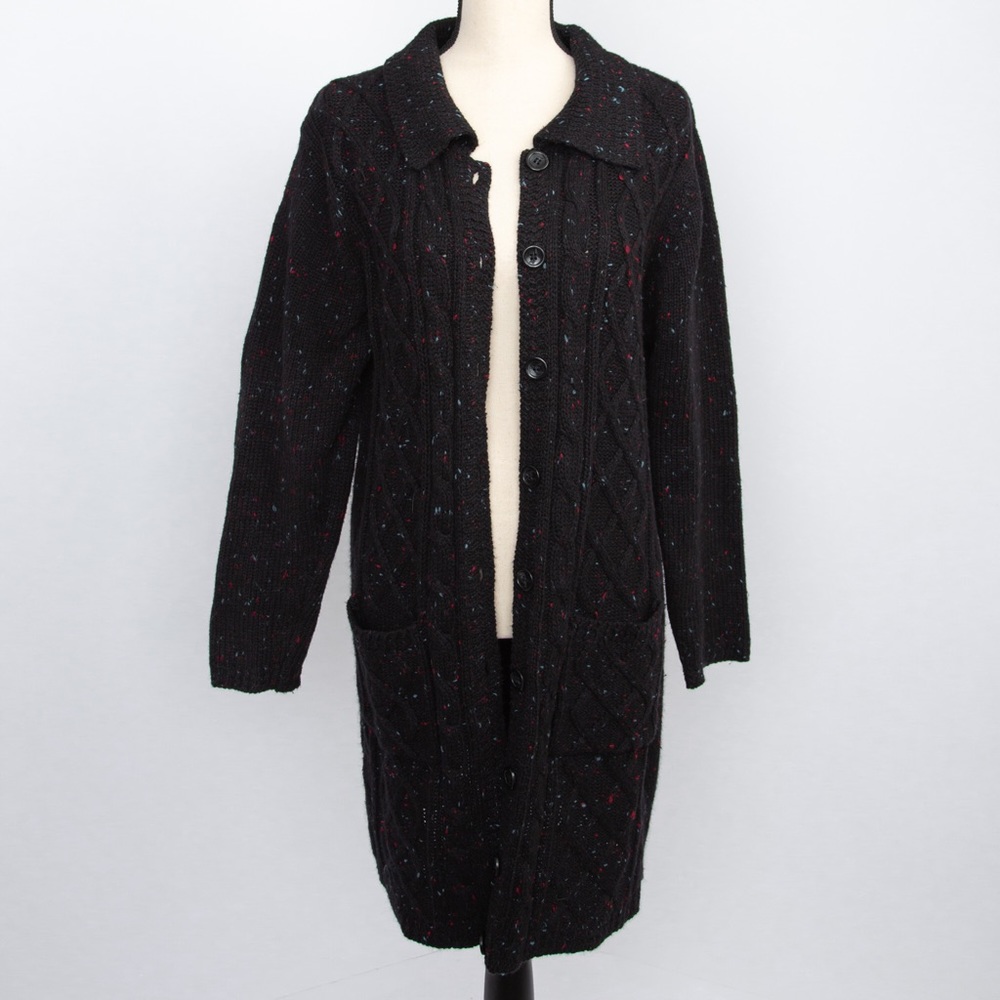 Vintage wool black tweed speckle longer length knit cardigan L Y2K vibe Kikit